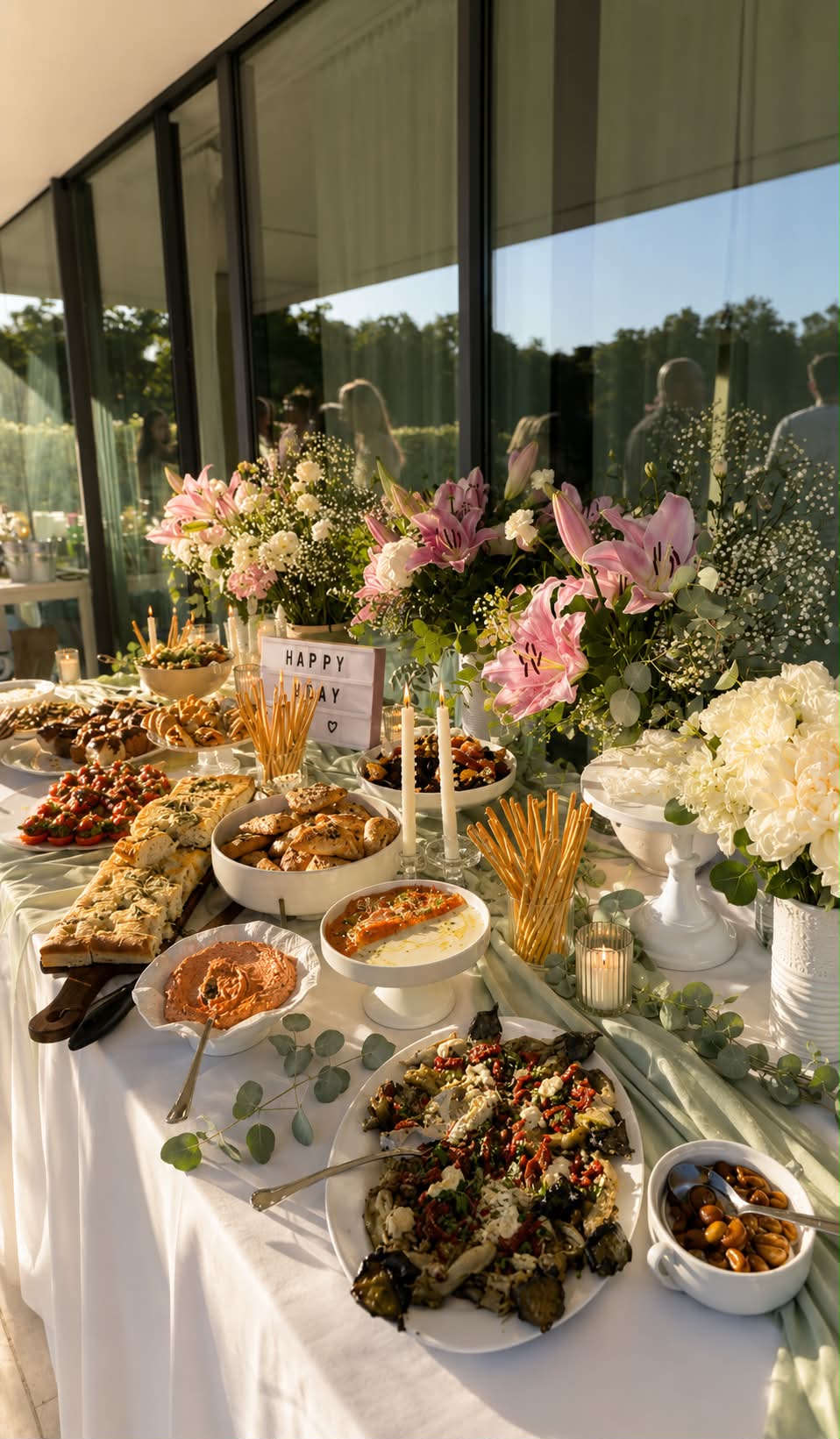 Elegant catering table with flowers and food